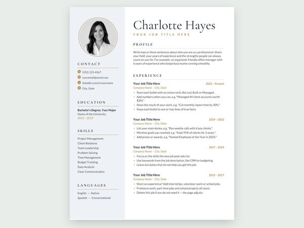 Charlotte resume template, navy and gold