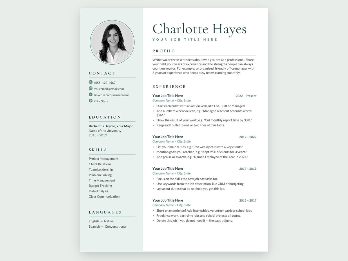 Charlotte resume template, sage teal