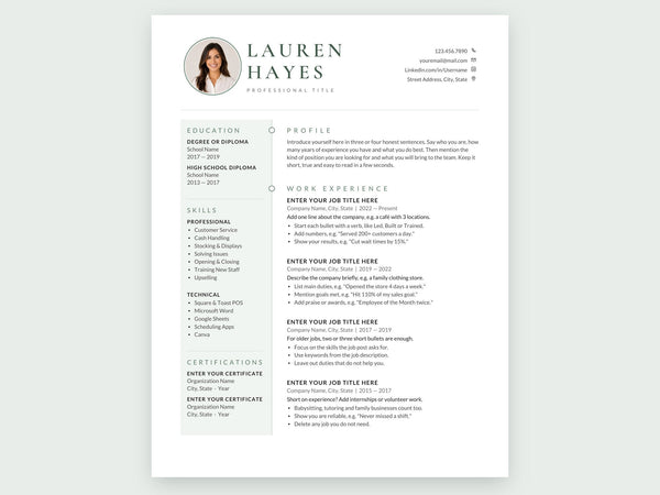 Everyday resume template, photo, sage sidebar