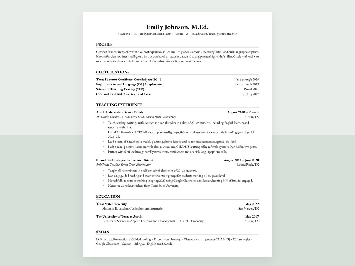 Teacher Resume Template Classic | Elementary Teacher Resume | Cover Le ...