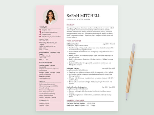 Teacher Photo Resume Template | Cover Letter | ATS – Resumes by Emma