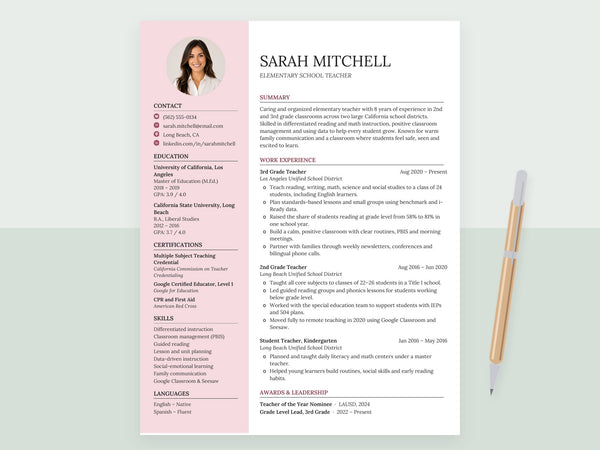 Teacher Photo Resume Template | Cover Letter | ATS – Resumes by Emma