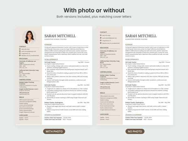 Teacher Photo Resume Template | Cover Letter | ATS – Resumes by Emma